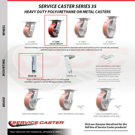 Service Caster 5 Inch Red Poly on Cast Iron Caster Set with Roller Bearings 2 Swivel 2 Rigid SCC-35S520-PUR-RS-2-R-2